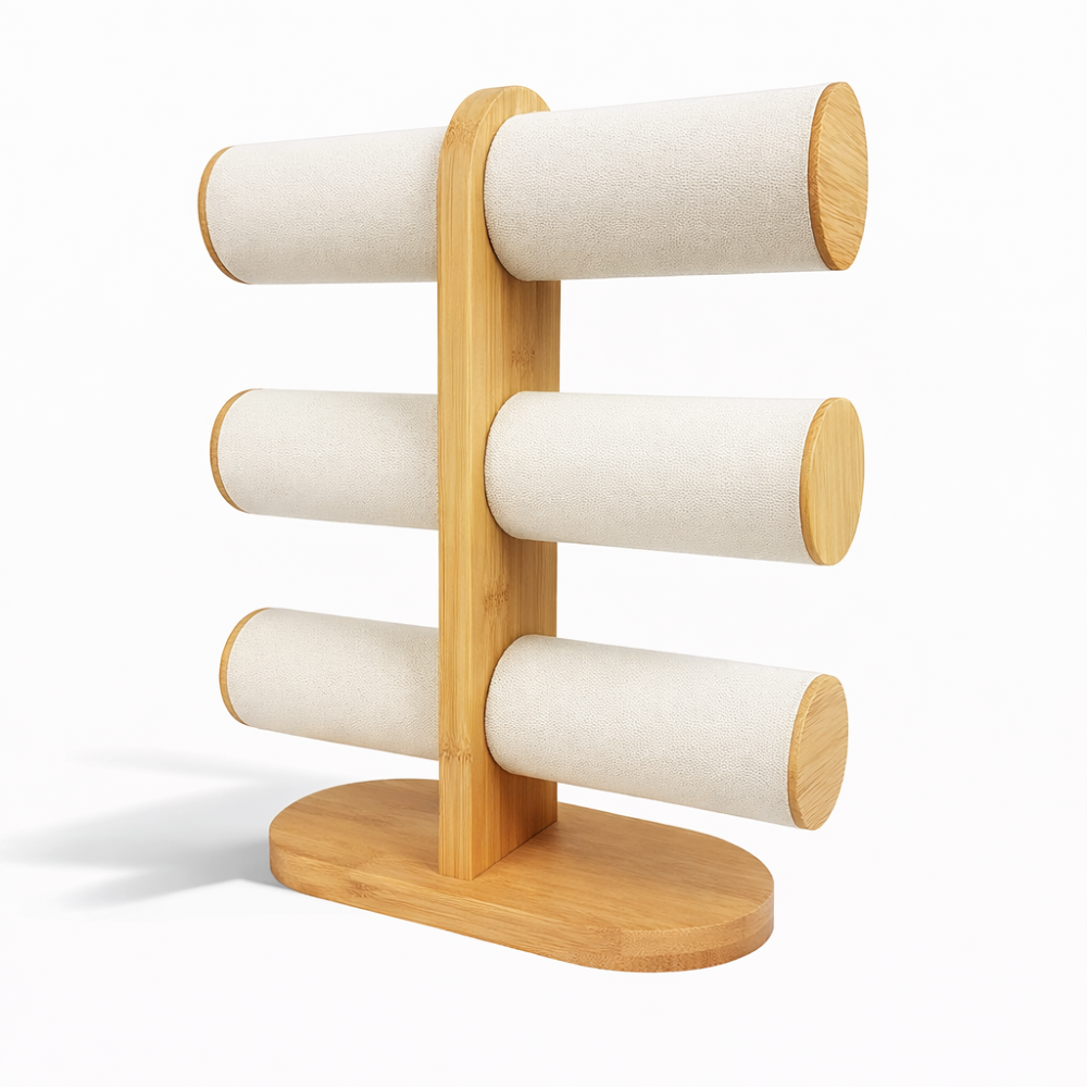 Portabraccialetti a 3 livelli in legno e similpelle beige