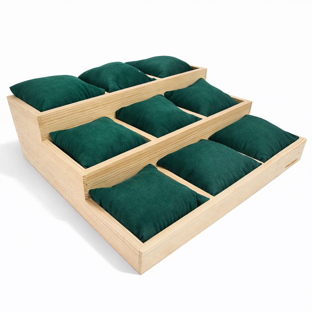 Espositore in legno con 9 cuscini rimovibili in similpelle verde smeraldo
