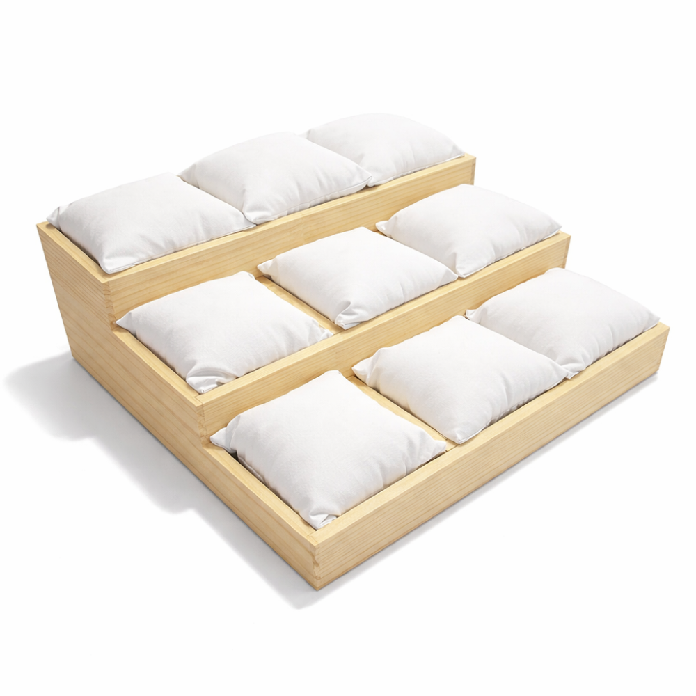 Espositore in legno con 9 cuscini rimovibili in similpelle bianca