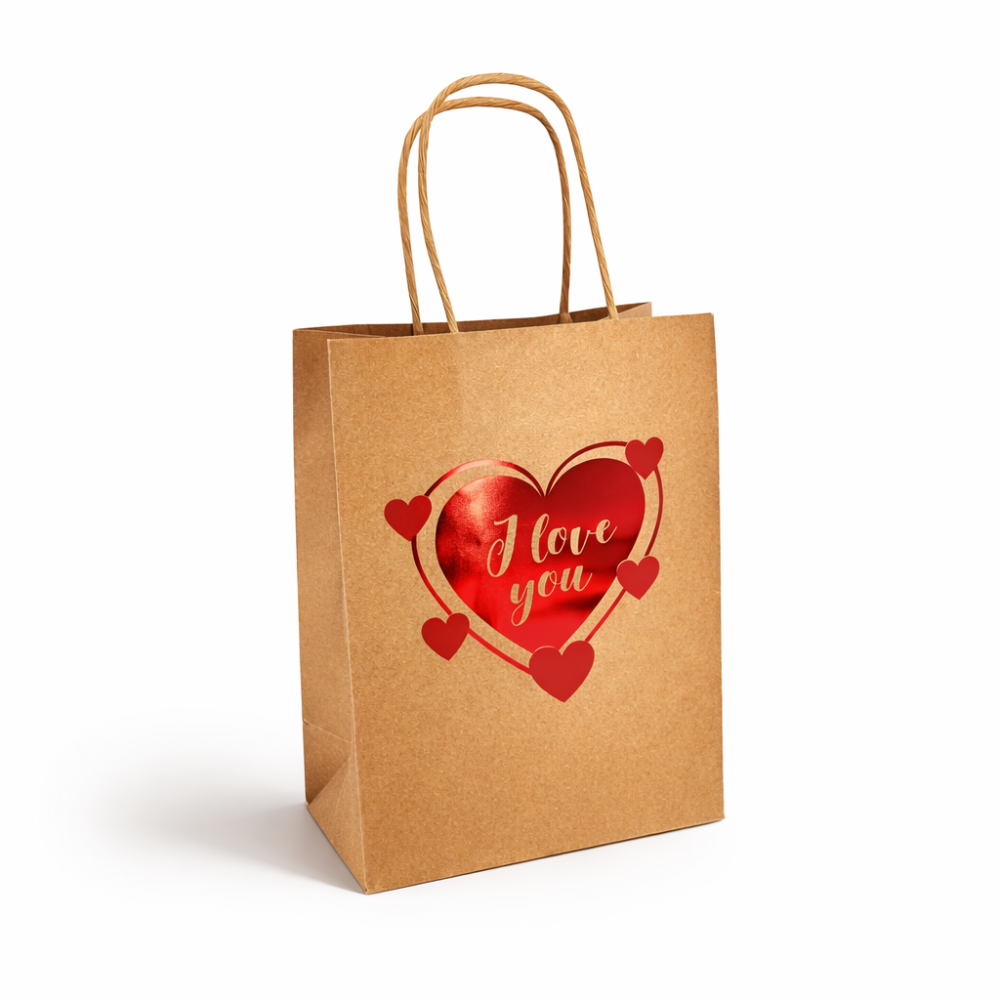 12 piccoli sacchetti di carta kraft marrone con motivo a cuori rossi lucidi "I Love you" 12x7x17 cm