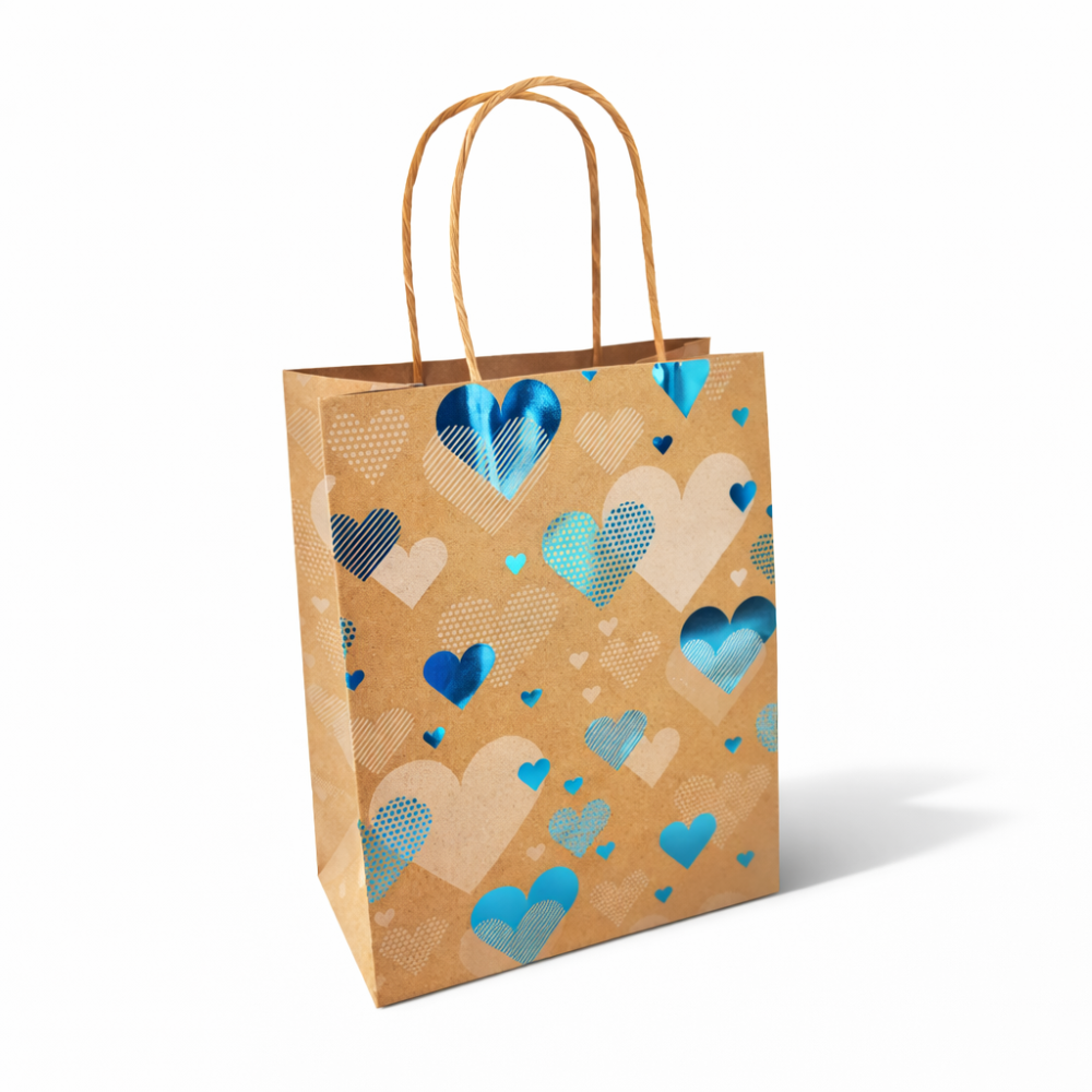 12 mini sacchetti di carta kraft marrone con motivo a cuori blu 12x7x17 cm
