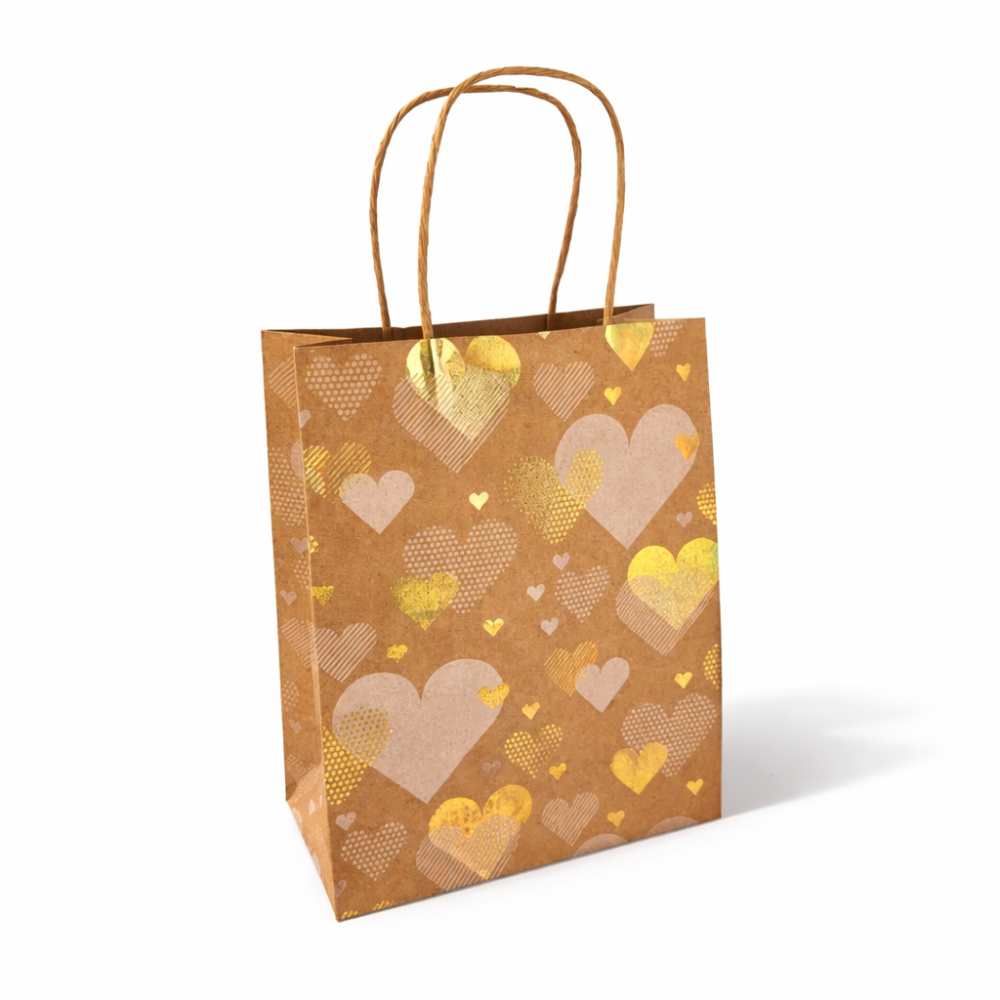 12 sacchetti kraft marroni con motivo a cuori dorati brillanti 18x10x23 cm