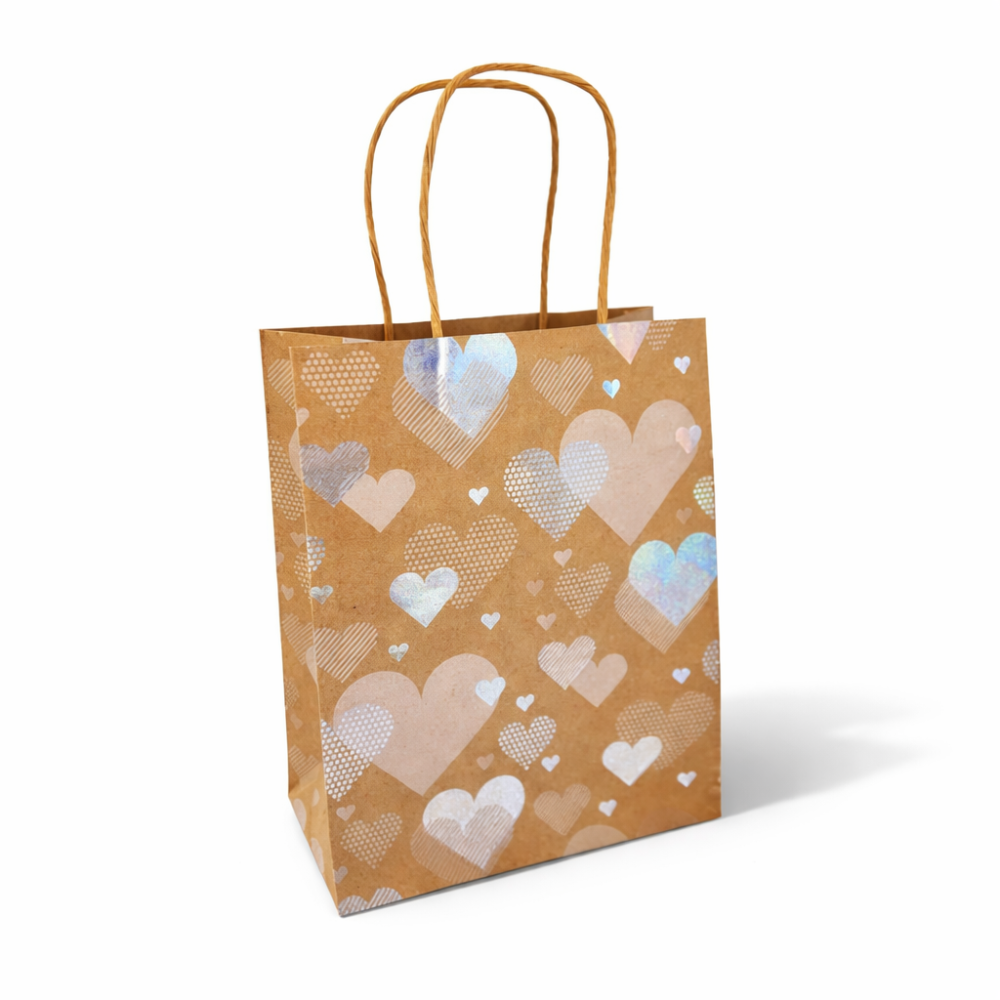 12 grandi sacchetti in carta kraft naturale con motivo a cuori argentati 24,5x10,5x31 cm