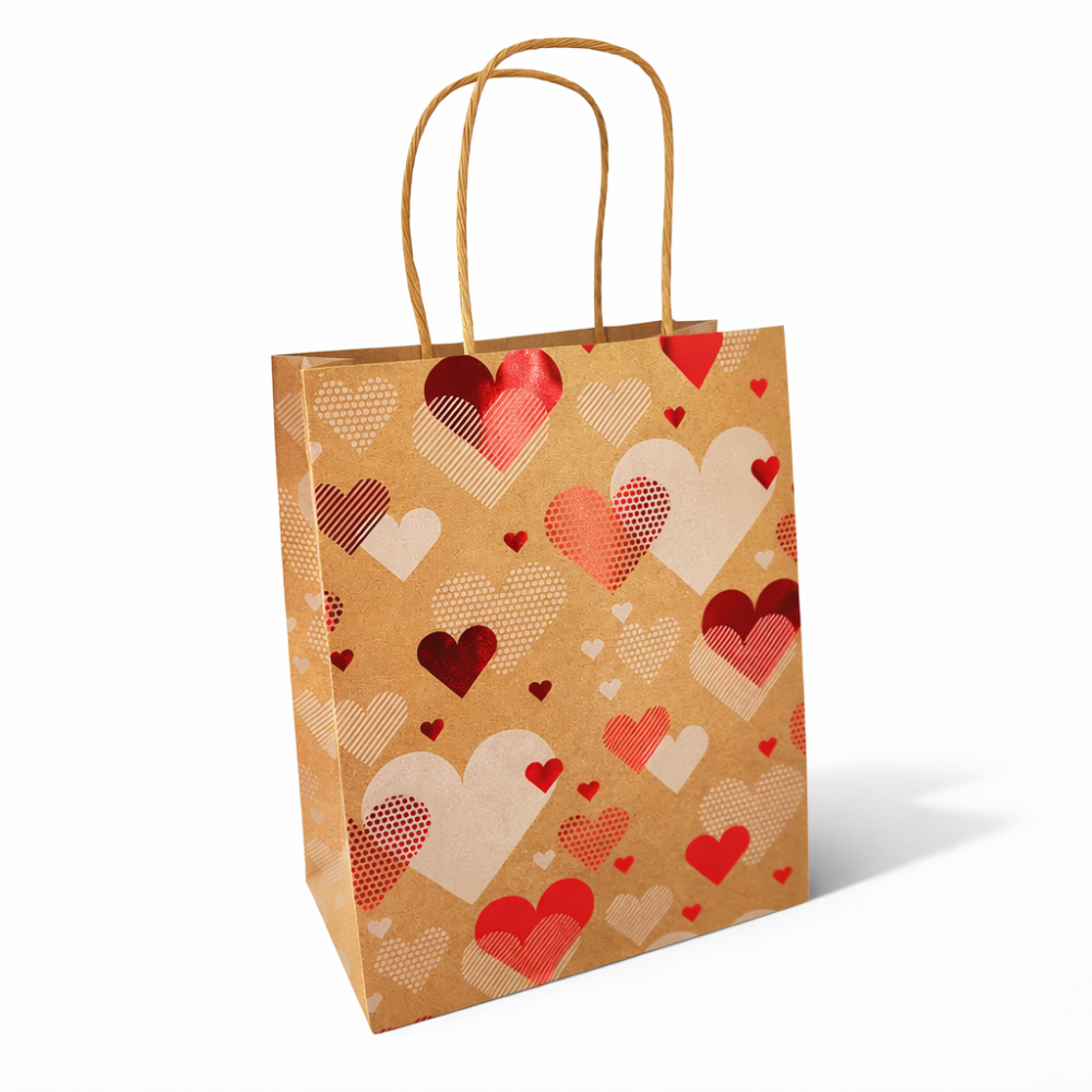 12 grandi sacchetti in carta kraft naturale con motivo a cuori rossi 24,5x10,5x31 cm