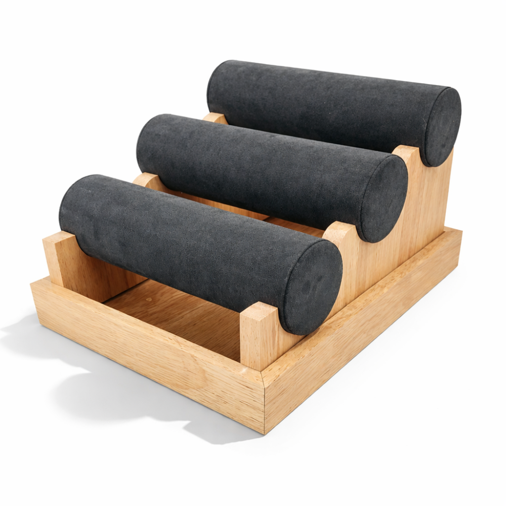 Piccolo espositore per braccialetti in legno con 3 rulli in similpelle grigio antracite