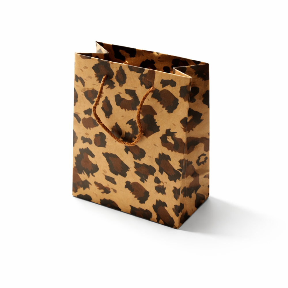 12 Sacchetti in carta kraft marrone naturale decorati con motivo leopardato 33x24x8 cm