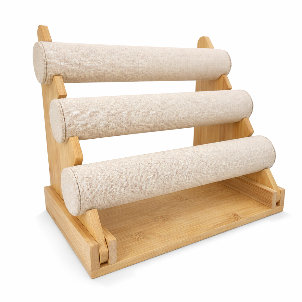 Espositore per braccialetti in legno e cotone beige a 3 livelli