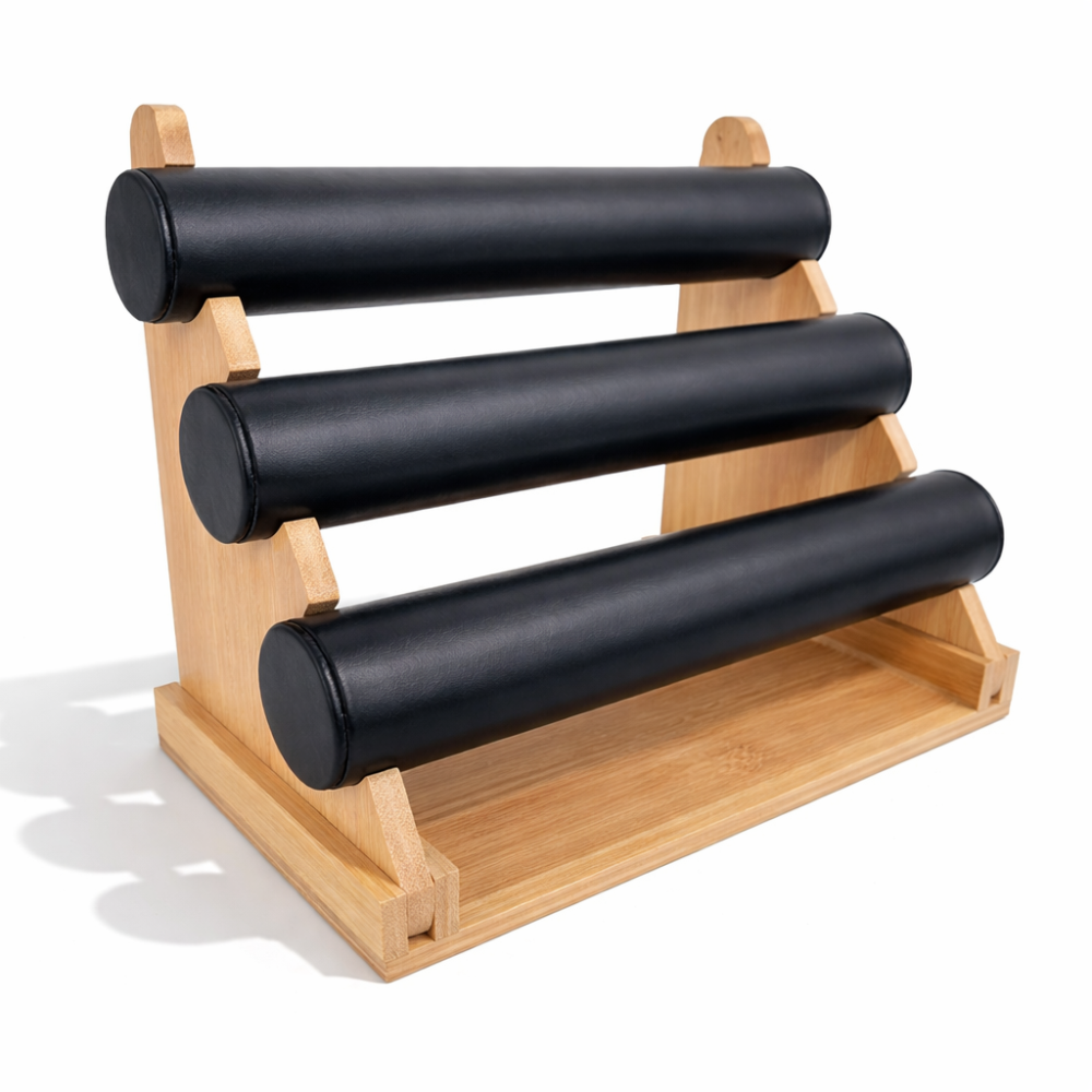 Espositore per braccialetti in legno e similpelle nera a 3 livelli