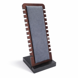 Espositore verticale di piccole dimensioni in legno scuro e alcantara grigia