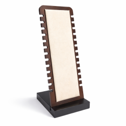 Espositore verticale di larghezza ridotta in legno scuro e alcantara beige lino