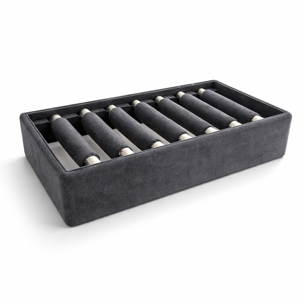 Piccolo vassoio in similpelle grigio antracite con 7 rotelle rimovibili per anelli