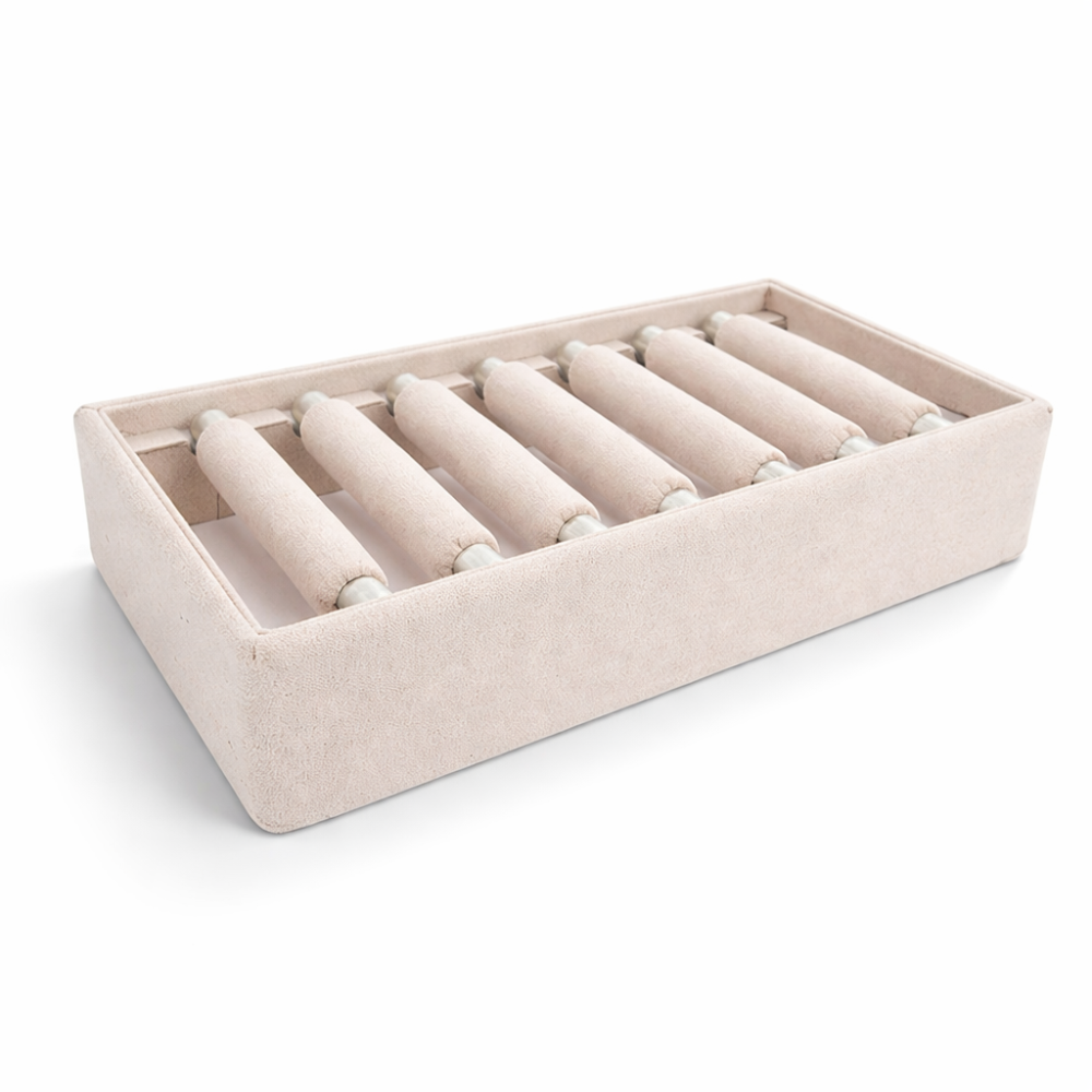Piccolo vassoio in similpelle beige crema con 7 rotelle rimovibili per anelli