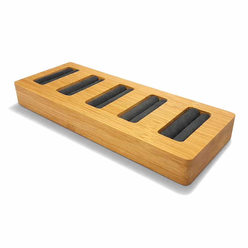 Piccolo vassoio per 5 anelli in legno e alcantara grigio antracite
