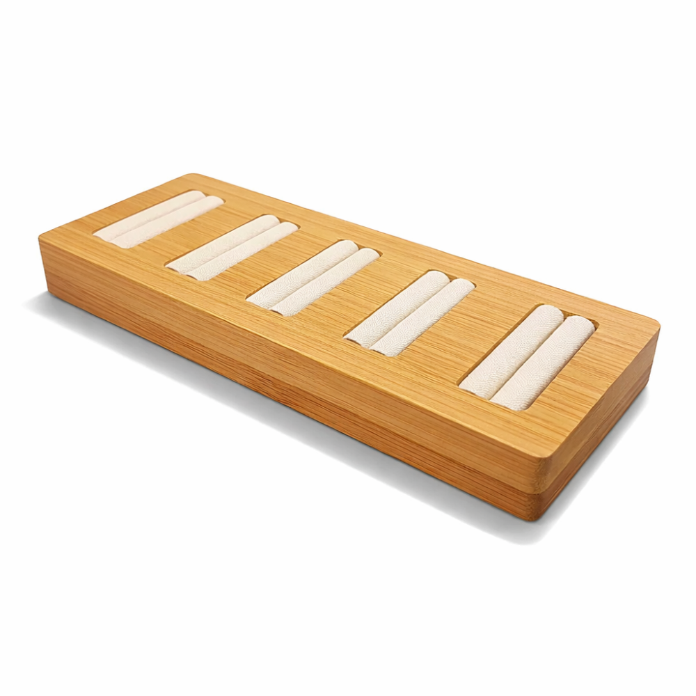 Vassoietto per 5 anelli in legno e alcantara beige