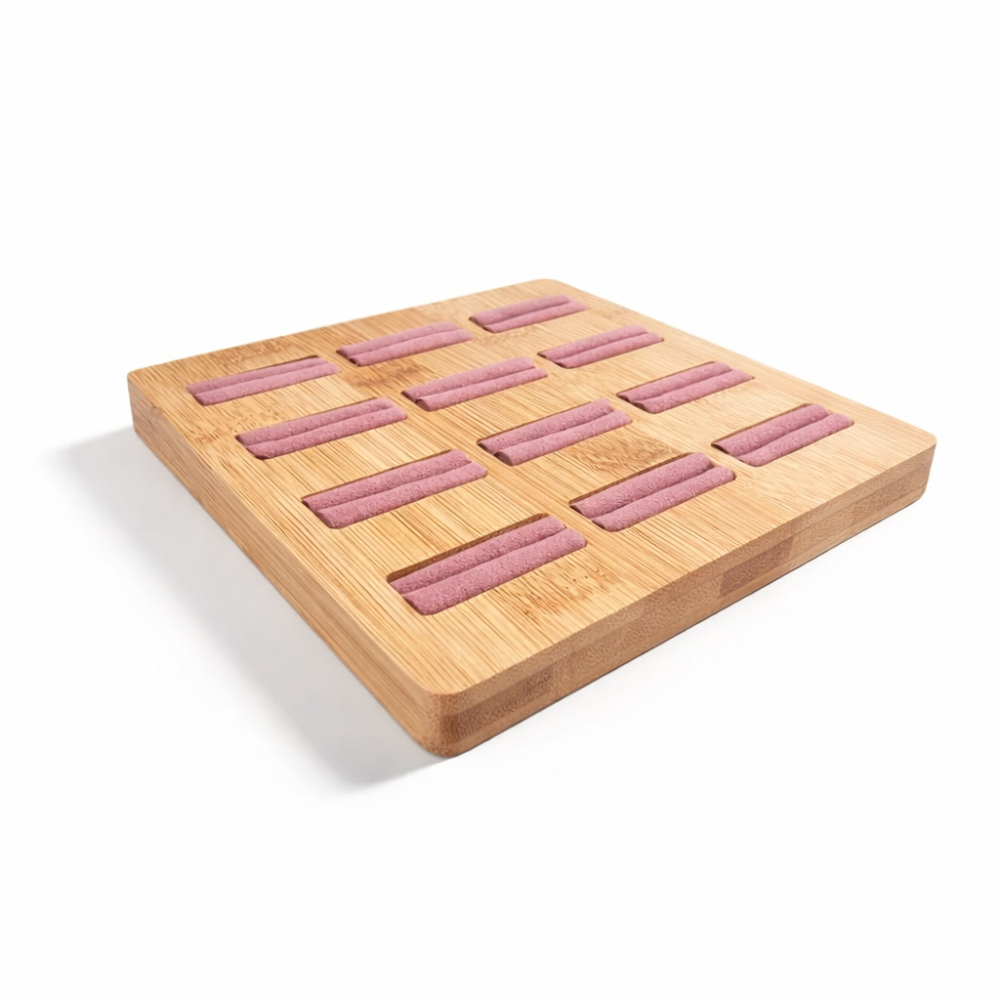 Espositore in legno e similpelle rosa per 12 anelli