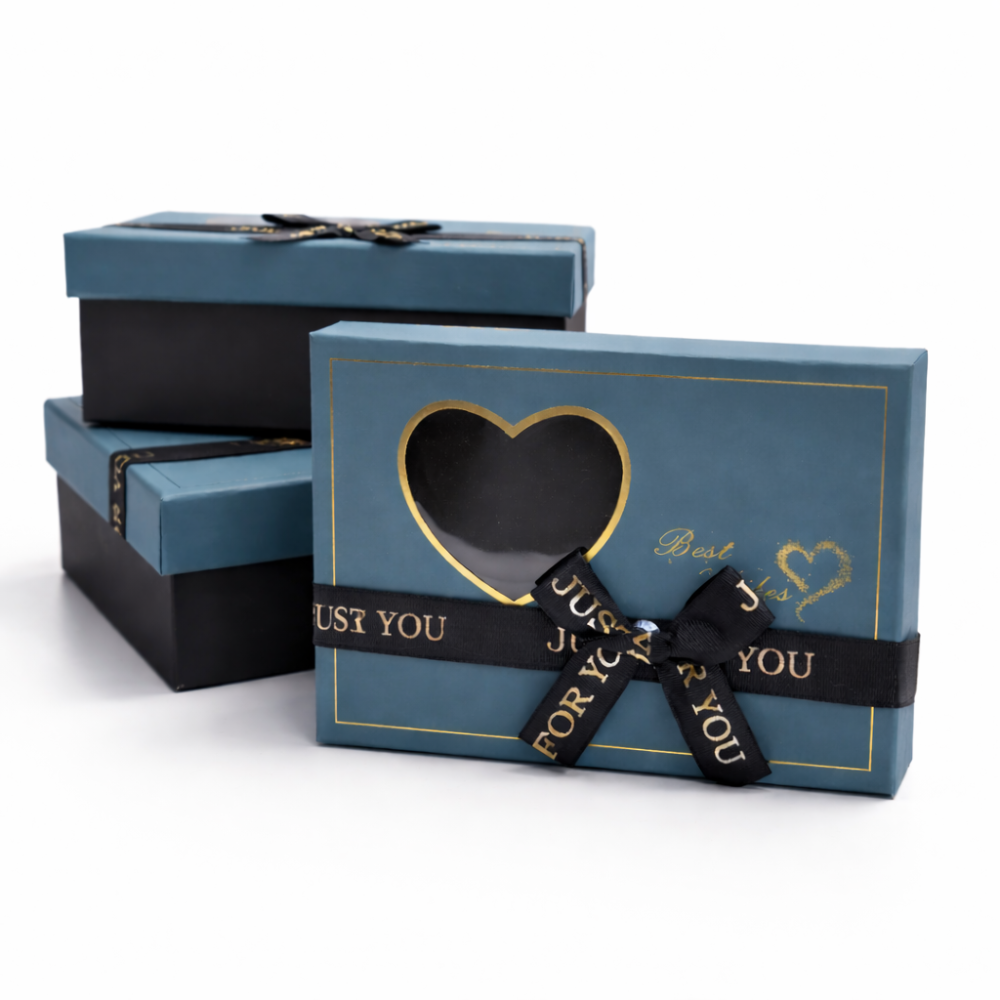 Trio di scatole regalo blu anatra con finestra a forma di cuore - Scatola piccola IN OMAGGIO
