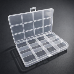 Piccola scatola in plastica per riporre gioielli, 12 scomparti, 15x10x1,8 cm