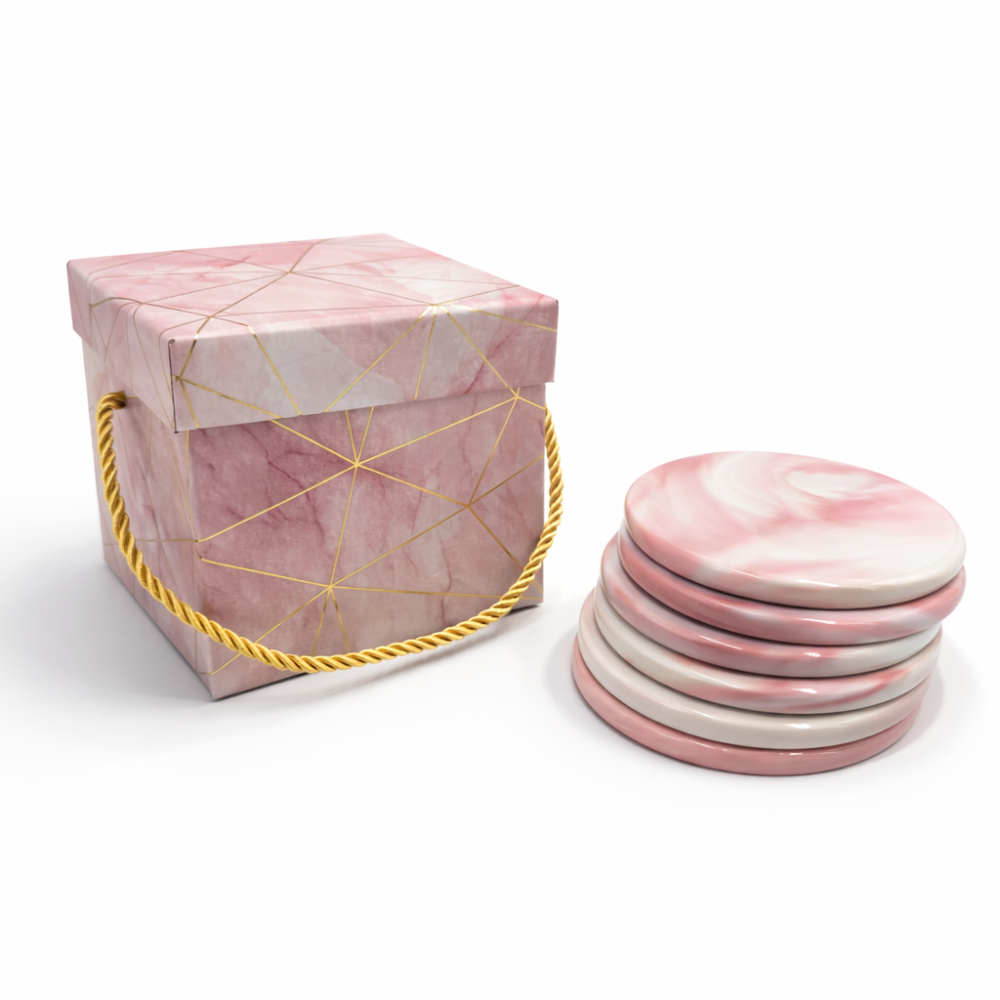 Pacchetto rivenditore 6 mini-sottobicchieri in ceramica marmorizzata rosa e confezione regalo