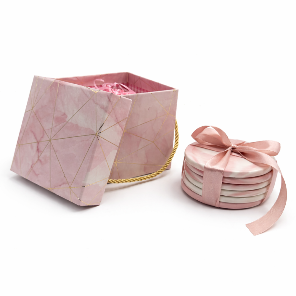 Pacchetto rivenditore 6 mini-sottobicchieri in ceramica marmorizzata rosa e confezione regalo