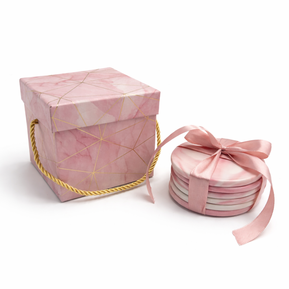 Pacchetto rivenditore 6 mini-sottobicchieri in ceramica marmorizzata rosa e confezione regalo