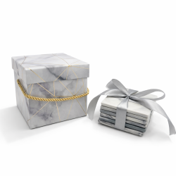 Kit rivenditore completo: 6 sottobicchieri quadrati in marmo grigio, cofanetto e nastro argentato