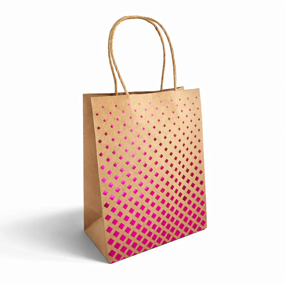 12 grandi sacchetti in carta kraft naturale con motivo a rombi viola 24,5x10,5x31 cm