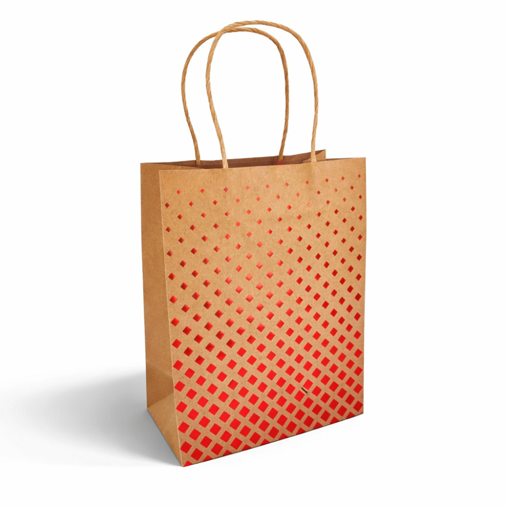 12 grandi sacchetti in carta kraft naturale con motivo a rombi rossi 24,5x10,5x31 cm