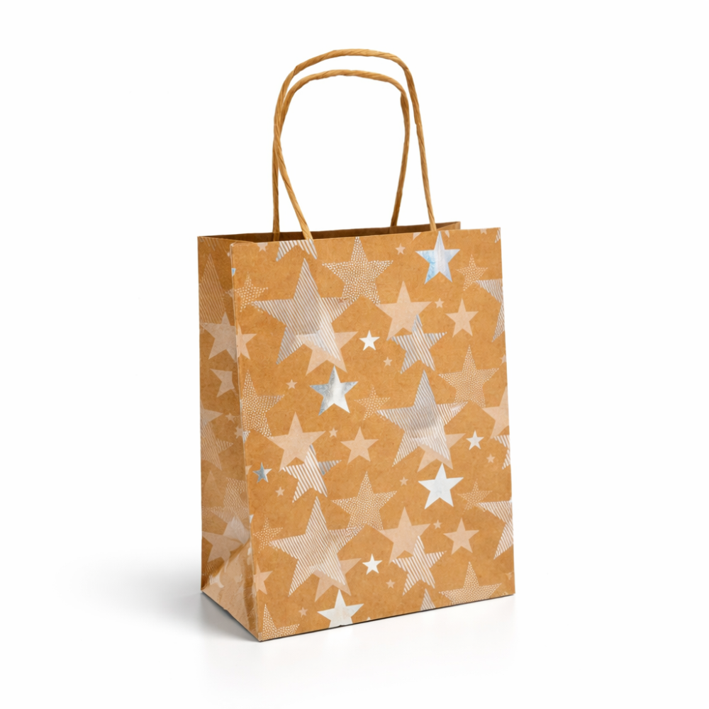 12 grandi sacchetti in carta kraft naturale con motivo a stelle argentate 24,5x10,5x31 cm