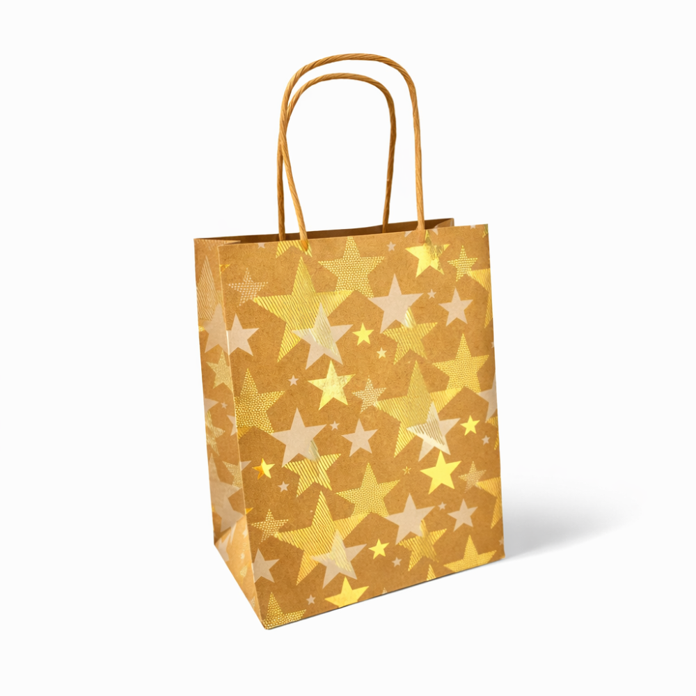 12 piccoli sacchetti kraft marroni con motivo a stelle dorate 12x7x17 cm