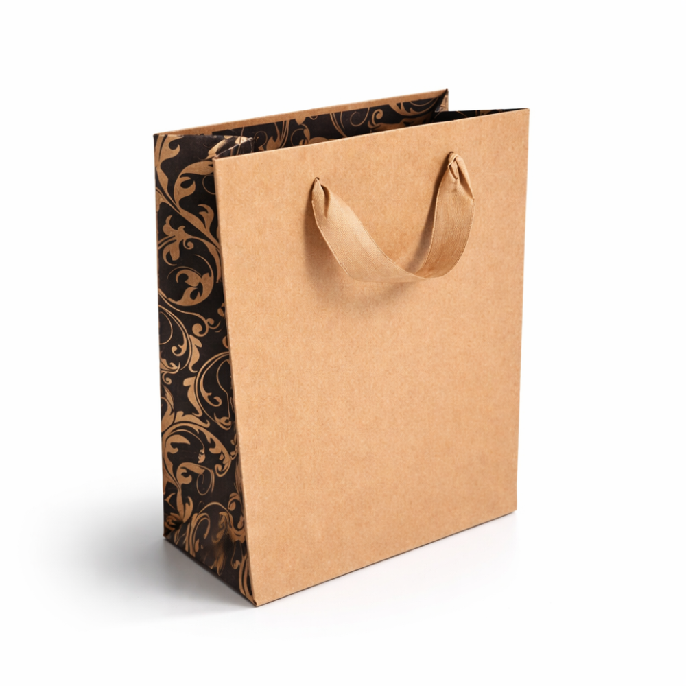 12 sacchetti in carta kraft naturale con soffietto e motivo floreale 26x12x32 cm