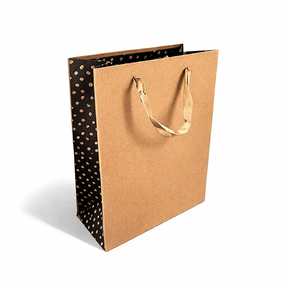 12 sacchetti in carta kraft marrone con soffietto nero e decorazione a pois 18x10x23 cm