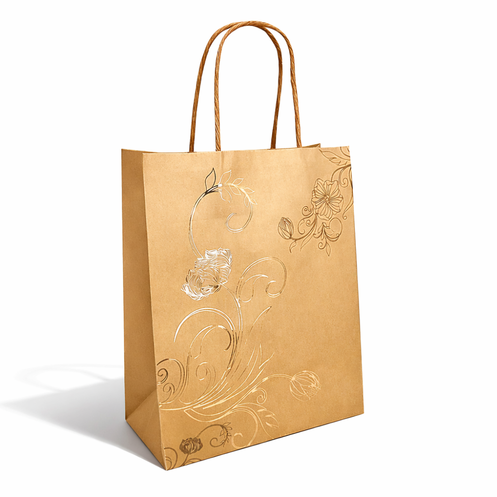 12 grandi sacchetti in carta kraft color champagne con manici intrecciati e motivo floreale dorato - 24,5 x 10,5 x 31,5 cm