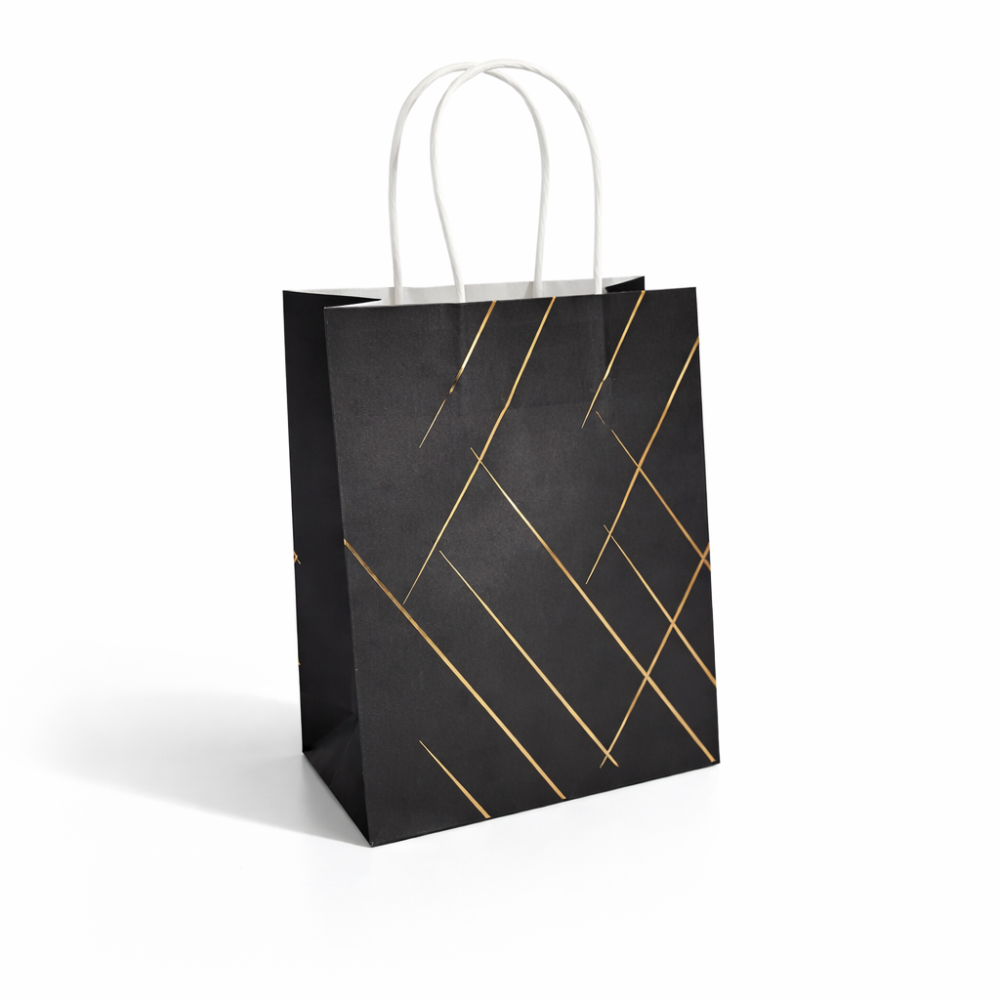 12 sacchetti in carta kraft con motivo dorato lucido 18x10x23 cm - nero