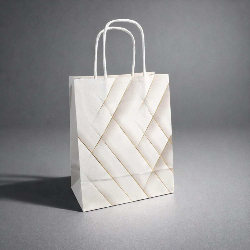 12 grandi sacchetti in carta kraft con motivo dorato lucido 24,5x10,5x31 cm - bianco