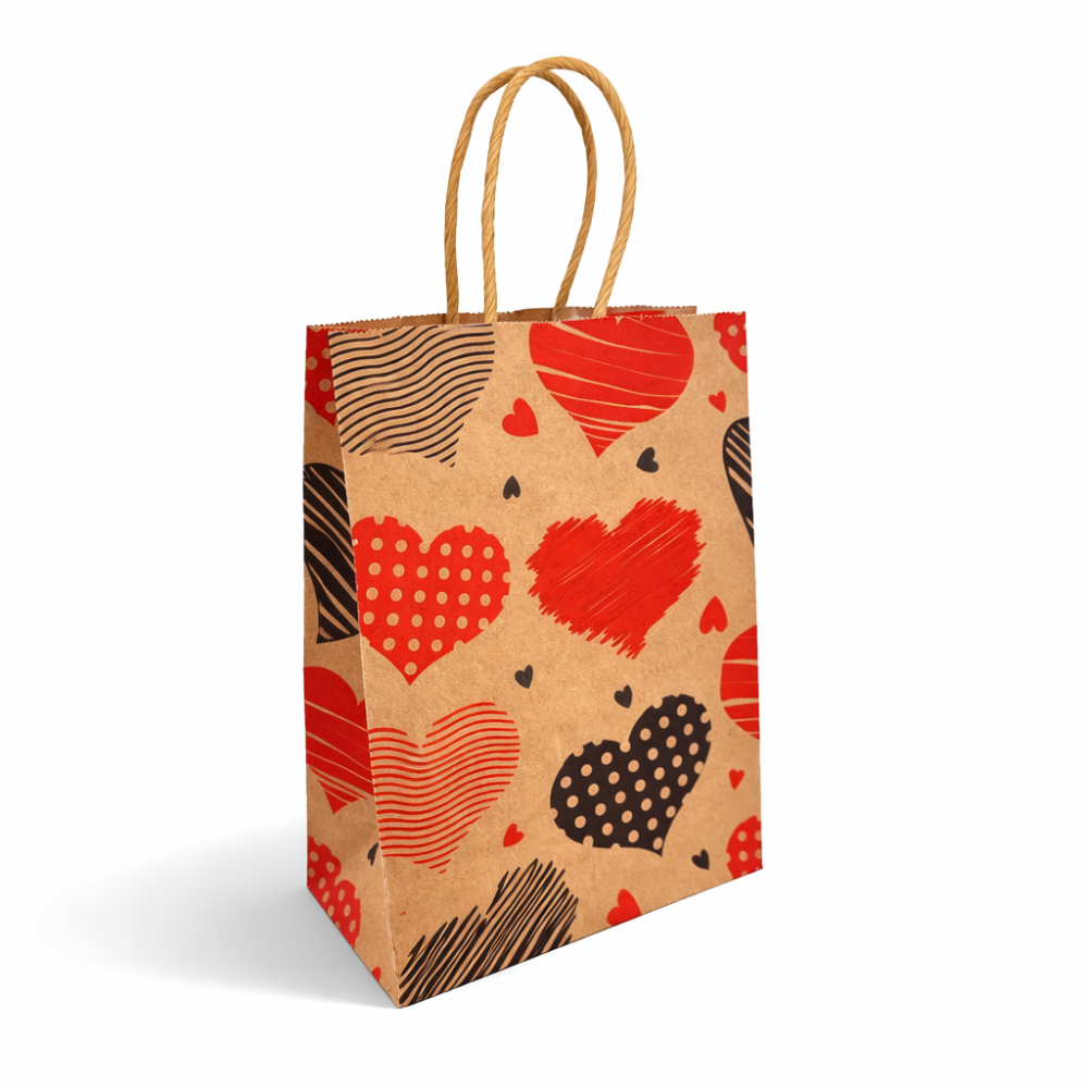 12 sacchetti kraft marroni naturali con motivo a cuori rossi e neri 18x9x25 cm