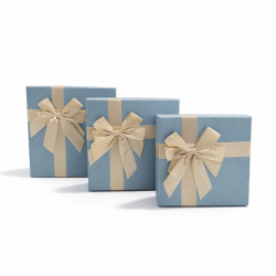 Set di 3 scatole regalo quadrate blu ghiaccio iridescente - Fiocco in raso dorato
