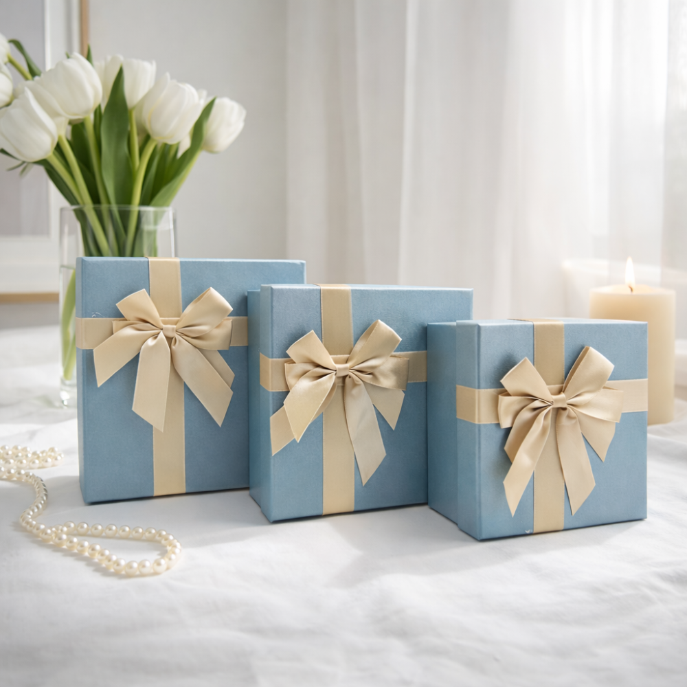 Set di 3 scatole regalo Blu Ghiacciato e Oro - Quadrate, a incastro e di lusso