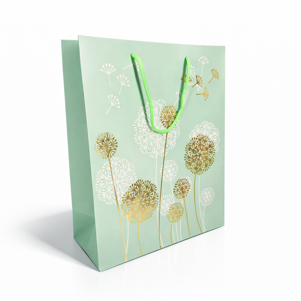 12 grandi sacchetti di lusso verde pastello con motivo a fiori di tarassaco dorati e bianchi 31x12x42 cm