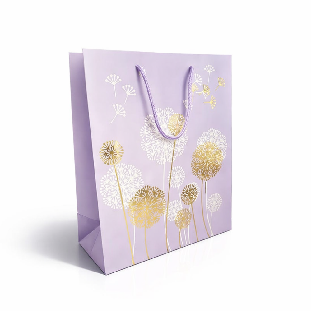 12 sacchetti di lusso color malva pastello con motivo di denti di leone dorati e bianchi 26x12x32 cm