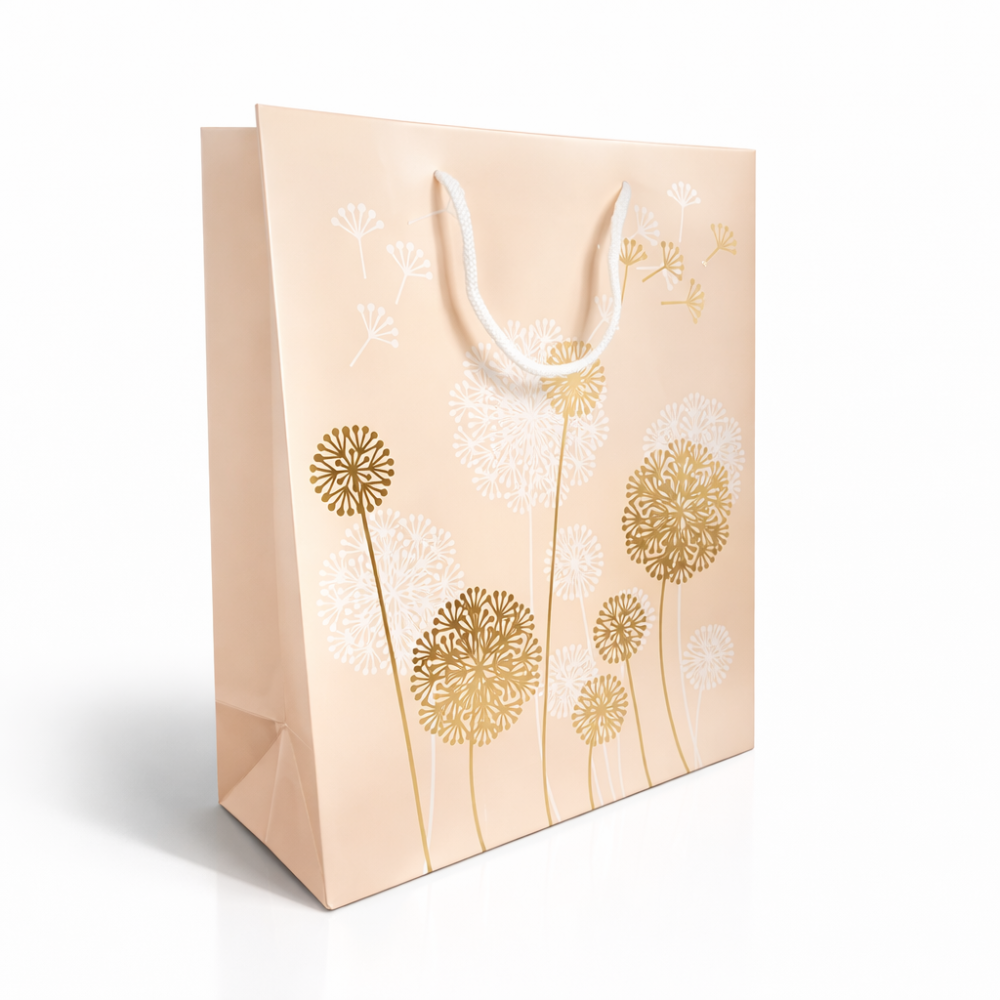 12 grandi sacchetti di lusso color arancione pastello con motivo a fiori di tarassaco dorati e bianchi 31x12x42 cm