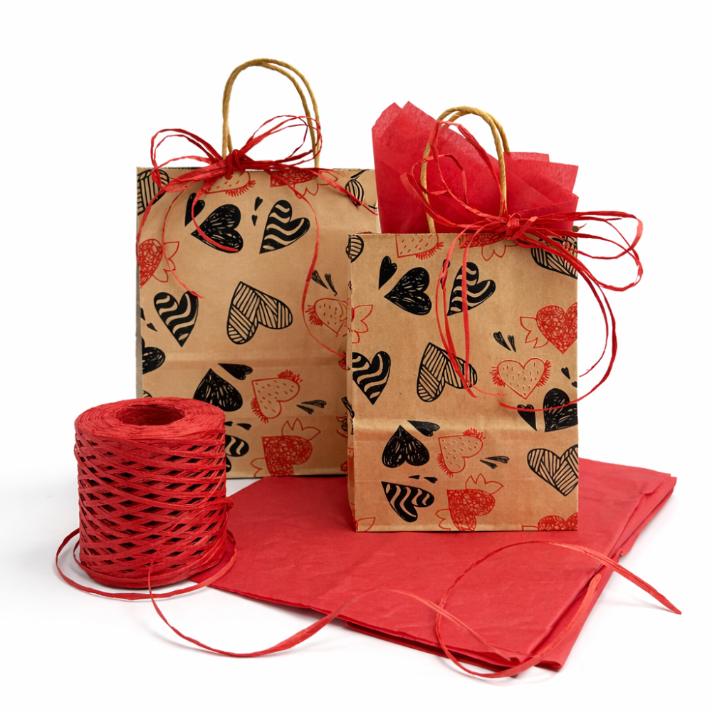 Pacchetto San Valentino in carta kraft naturale: 48 sacchetti a forma di cuore e kit di imbottitura - 12 sacchetti grandi IN OMA