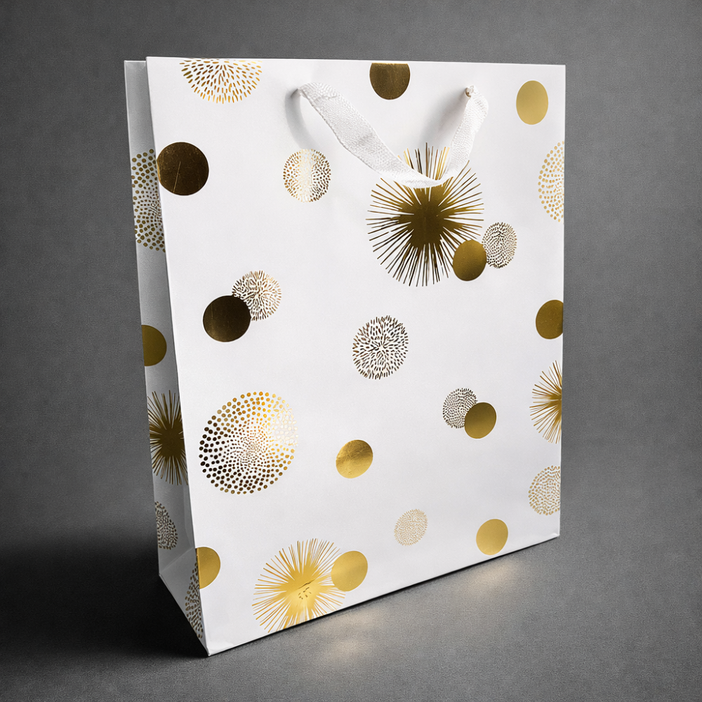 12 grandi sacchetti di carta di lusso bianchi con motivo a pois dorati 30x12x41,5 cm