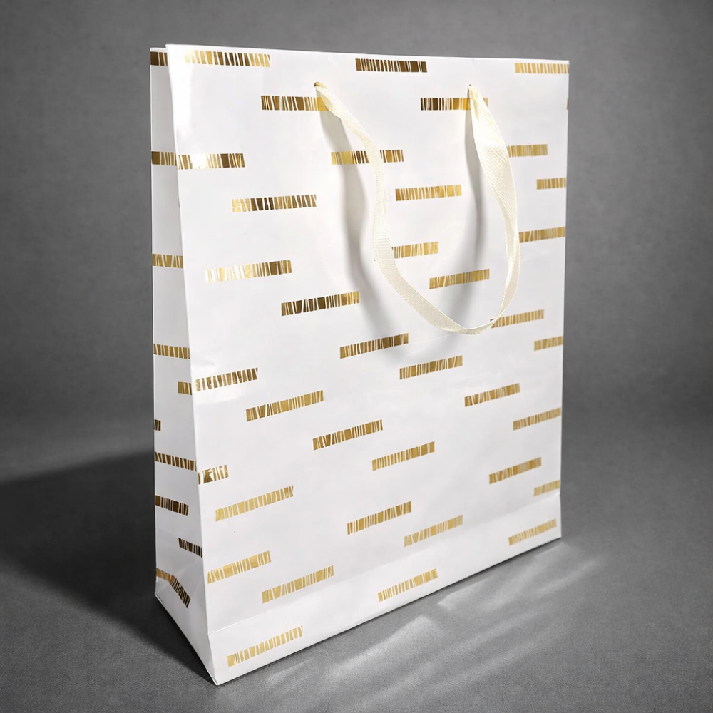 12 grandi sacchetti di carta di lusso bianchi con motivo dorato a righe 30x12x41,5 cm