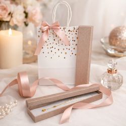 PACCHETTO SAN VALENTINO: 12 astucci lunghi color oro rosa + nastro di raso + 12 BORSE IN OMAGGIO