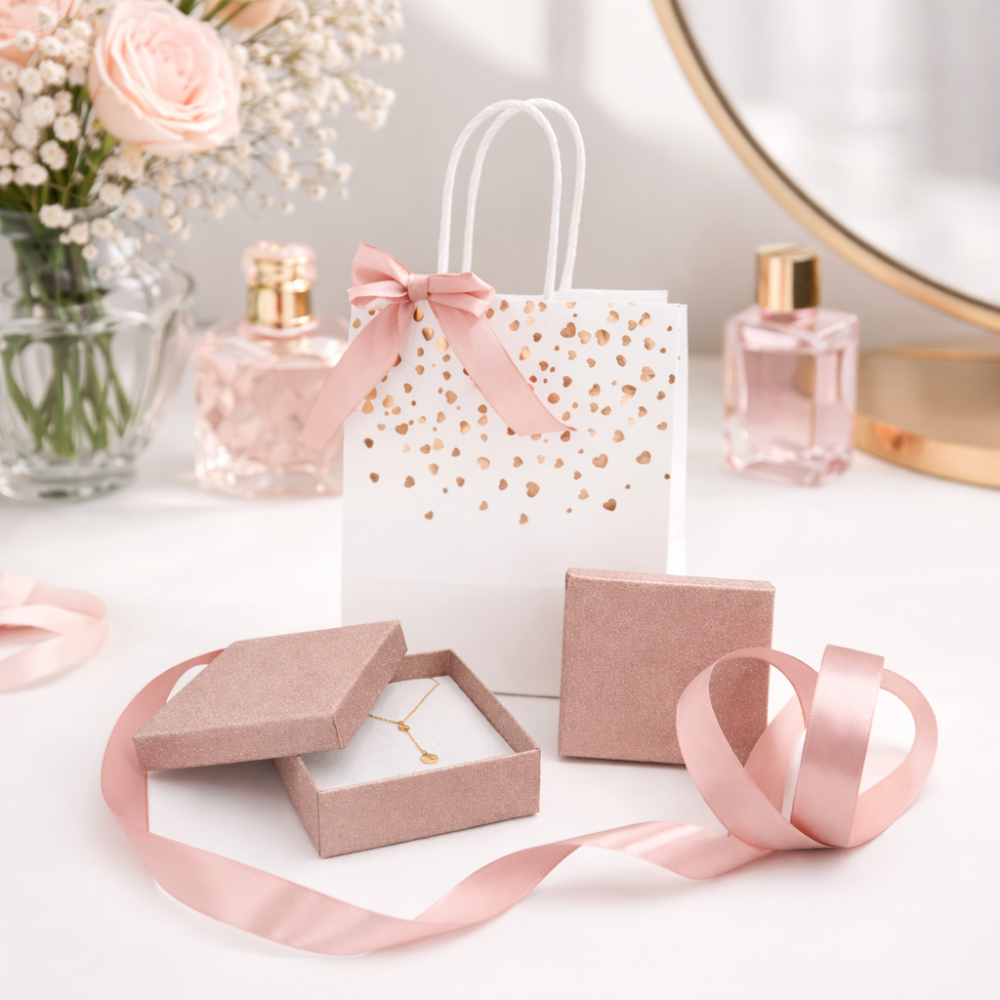 PACCHETTO SAN VALENTINO 12 astucci per gioielli rosa dorato e 12 BORSE IN OMAGGIO