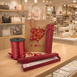 PACCHETTO SAN VALENTINO: 12 astucci lunghi rossi glitterati + nastro + 12 BORSE "I LOVE YOU" IN OMAGGIO