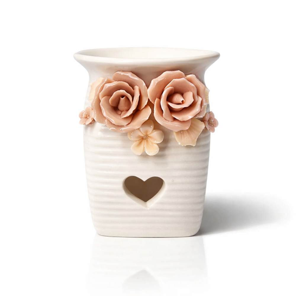 Petit photophore brûle parfum en céramique blanc motif de roses