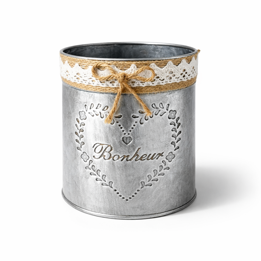 Copri vaso in zinco vintage, copri vaso con fiocco in juta.