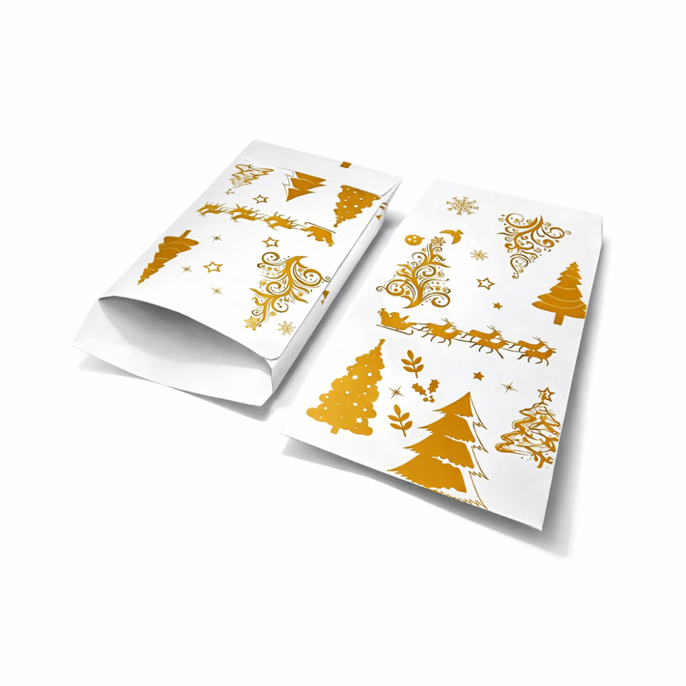 Set da 100 bustine regalo di Natale bianche con motivo di abeti 11x17 cm