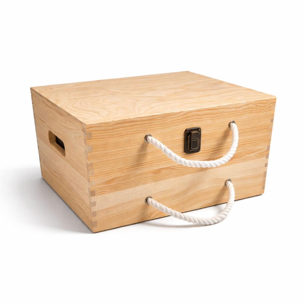 Cassa per bottiglie in legno di pino con coperchio a chiusura a valigetta.